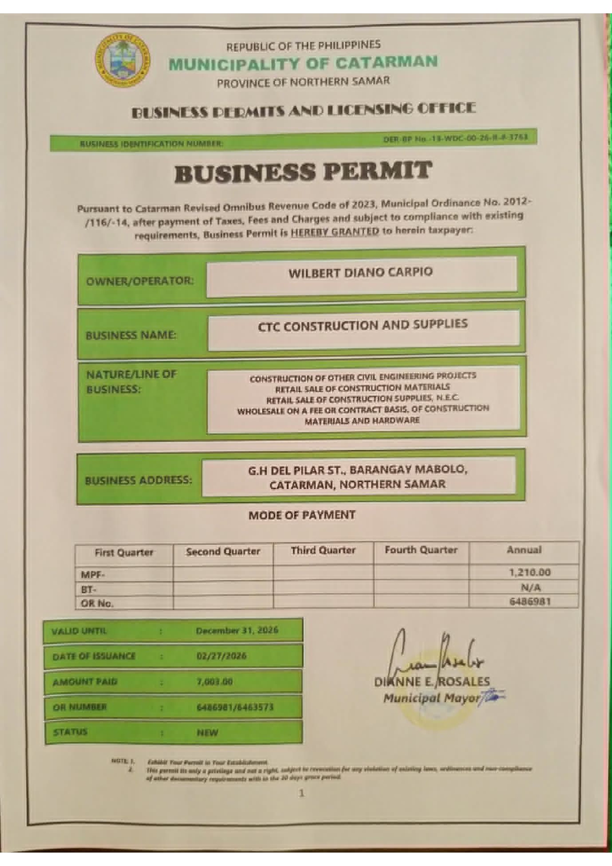 Business Permit certificate