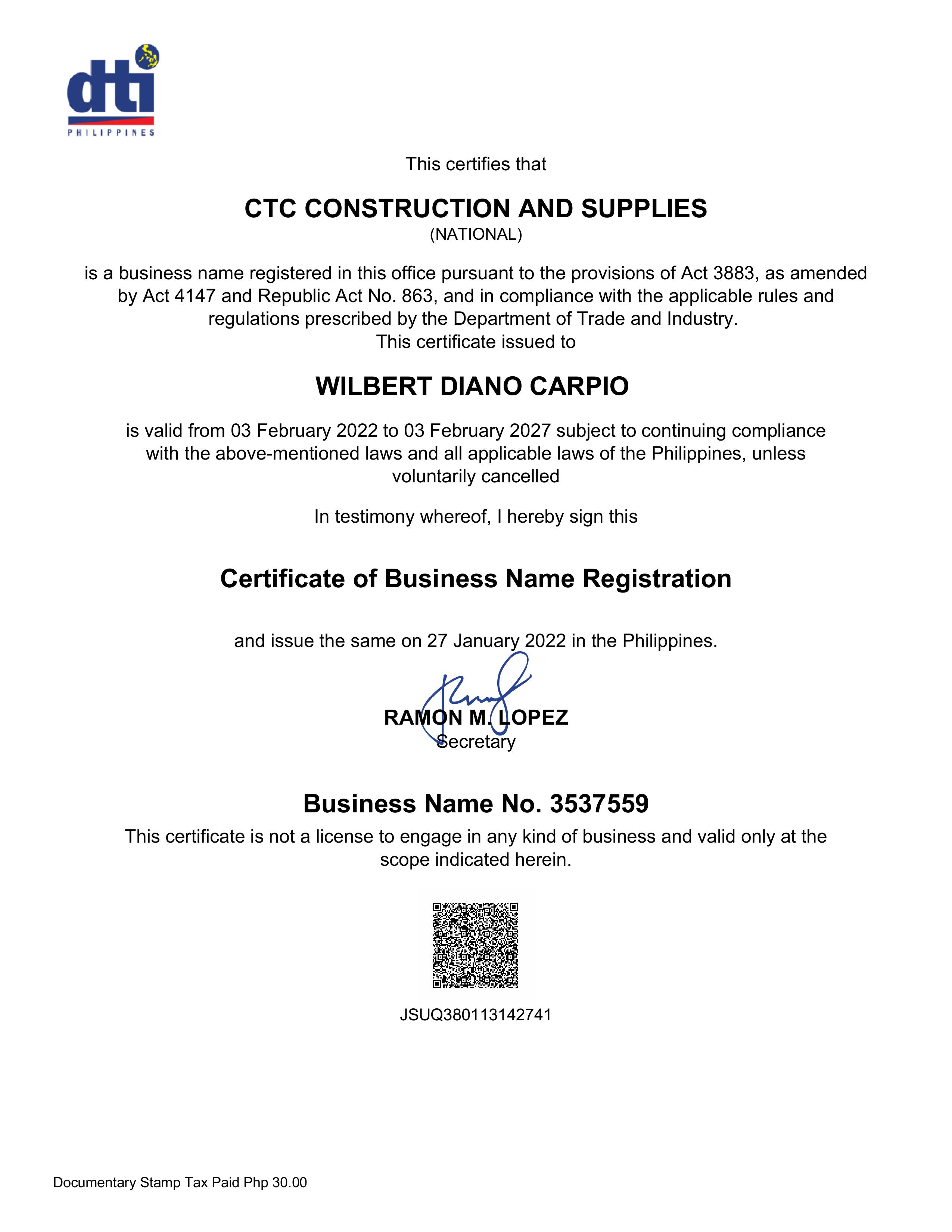 DTI Registration certificate