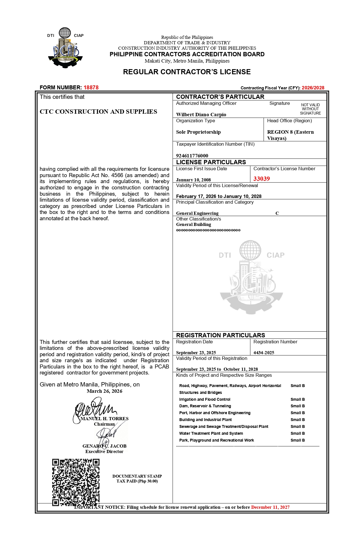 PCAB License certificate